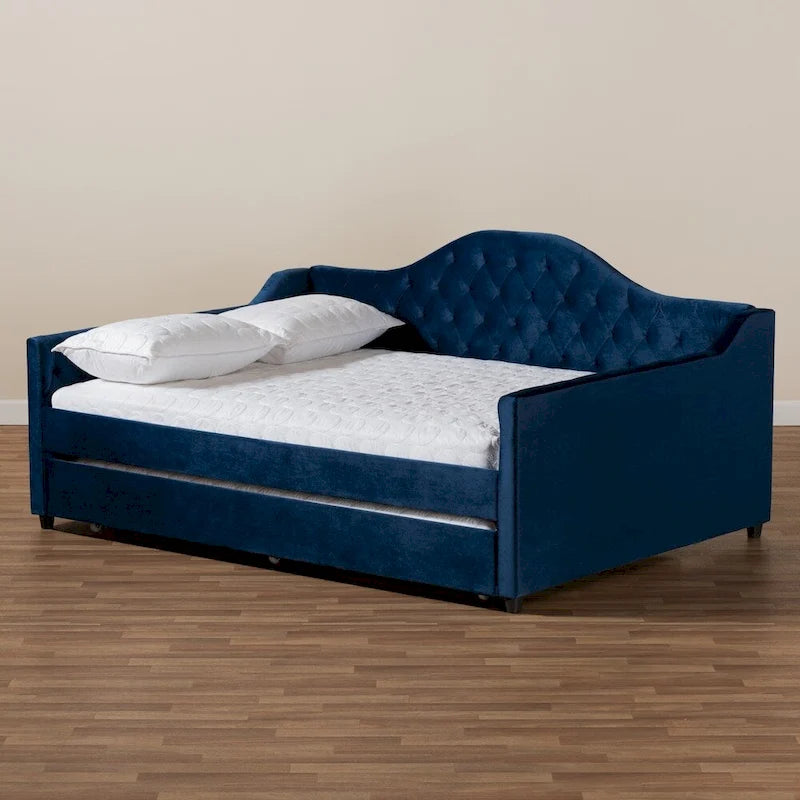 Contemporary Velvet Daybed with Trundle, Button Tufted, Twin/Full/Queen, Foam Padding, Blue/Pink, Modern Style