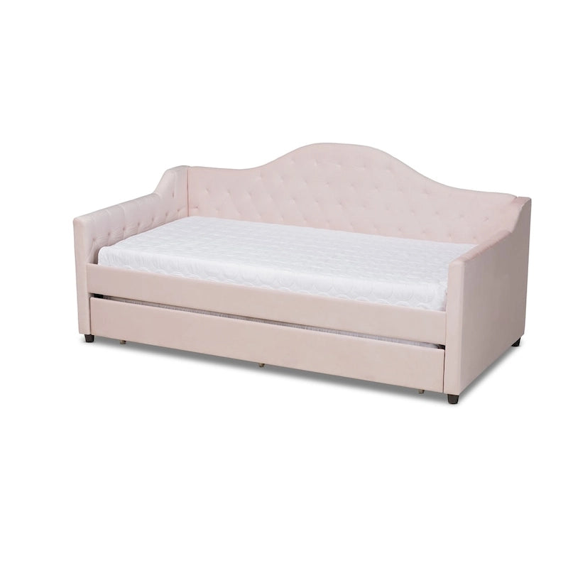 Contemporary Velvet Daybed with Trundle, Button Tufted, Twin/Full/Queen, Foam Padding, Blue/Pink, Modern Style