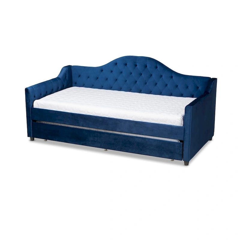 Contemporary Velvet Daybed with Trundle, Button Tufted, Twin/Full/Queen, Foam Padding, Blue/Pink, Modern Style