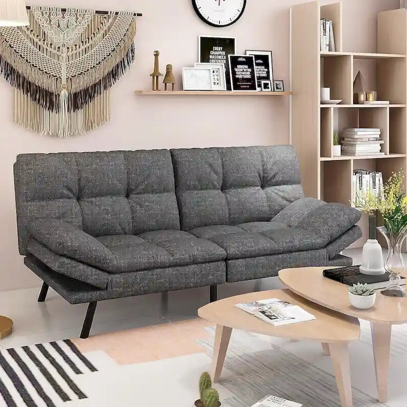 Convertible Futon Sofa Bed with Adjustable Armrests - Memory Foam Foldable Loveseat Sleeper for Small Spaces, 600 lbs Capacity