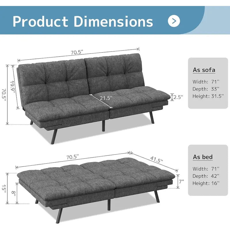 Convertible Futon Sofa Bed with Adjustable Armrests - Memory Foam Foldable Loveseat Sleeper for Small Spaces, 600 lbs Capacity