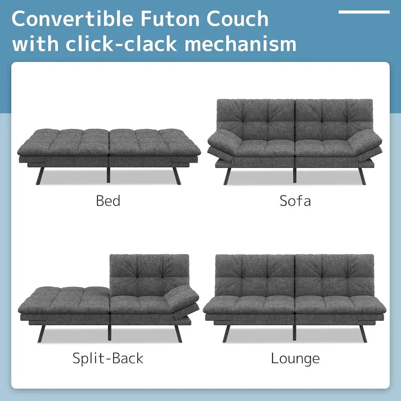 Convertible Futon Sofa Bed with Adjustable Armrests - Memory Foam Foldable Loveseat Sleeper for Small Spaces, 600 lbs Capacity