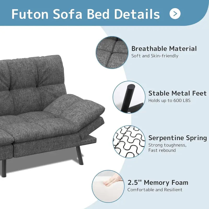 Convertible Futon Sofa Bed with Adjustable Armrests - Memory Foam Foldable Loveseat Sleeper for Small Spaces, 600 lbs Capacity