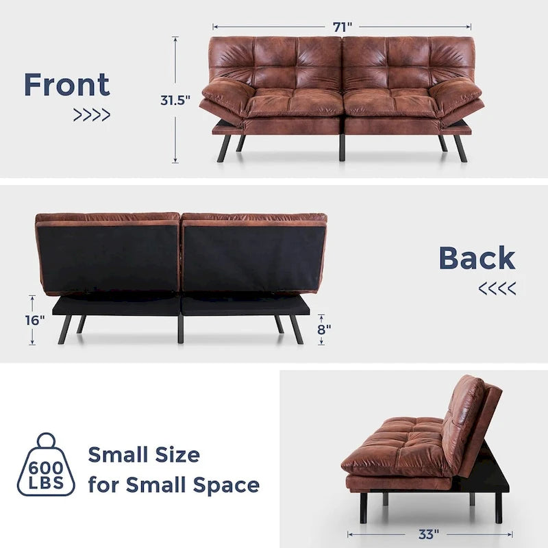 Convertible Futon Sofa Bed with Adjustable Armrests - Memory Foam Foldable Loveseat Sleeper for Small Spaces, 600 lbs Capacity