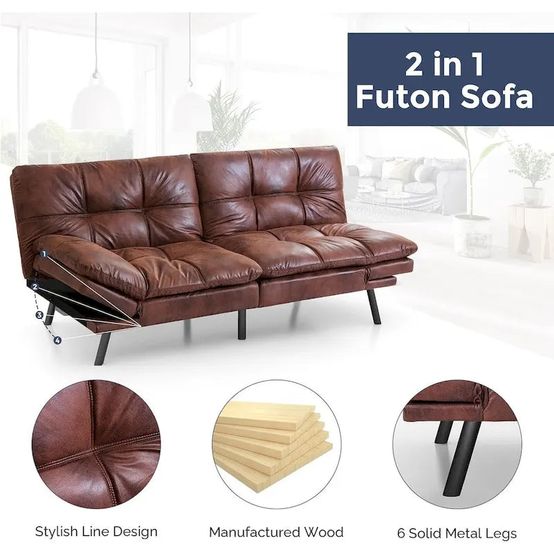 Convertible Futon Sofa Bed with Adjustable Armrests - Memory Foam Foldable Loveseat Sleeper for Small Spaces, 600 lbs Capacity
