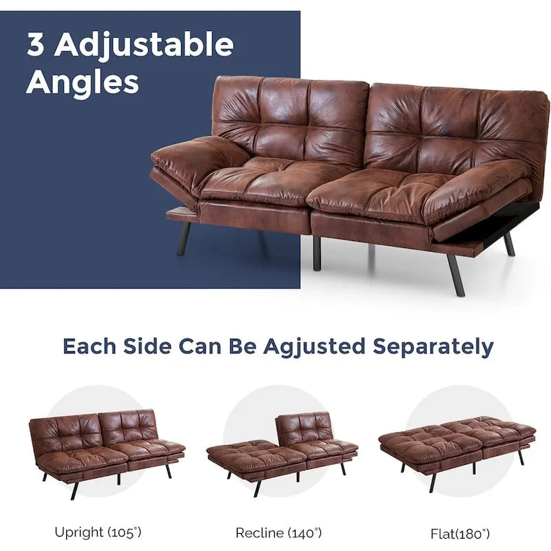 Convertible Futon Sofa Bed with Adjustable Armrests - Memory Foam Foldable Loveseat Sleeper for Small Spaces, 600 lbs Capacity