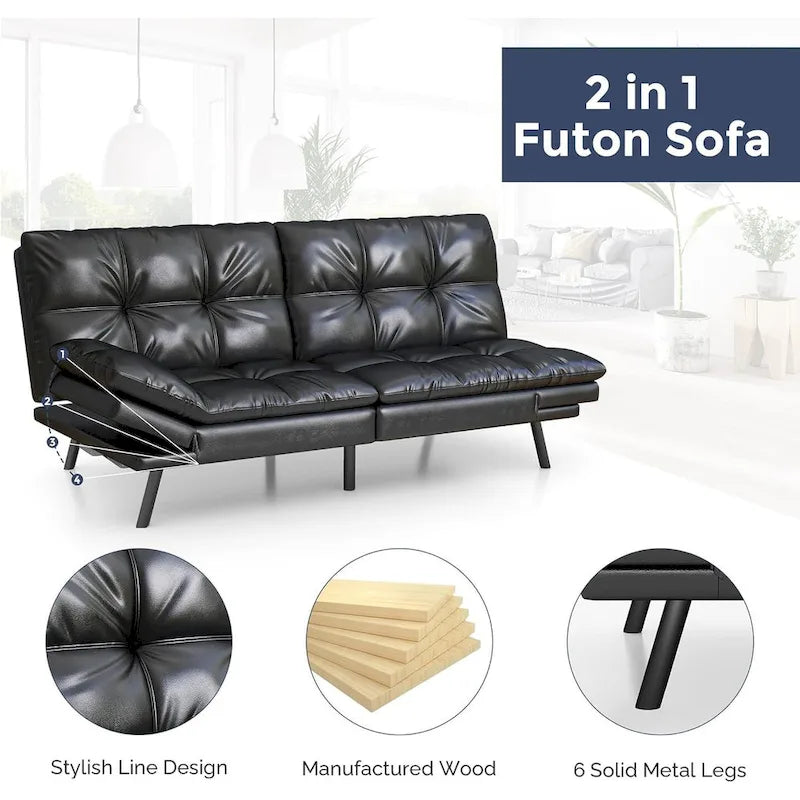 Convertible Futon Sofa Bed with Adjustable Armrests - Memory Foam Foldable Loveseat Sleeper for Small Spaces, 600 lbs Capacity