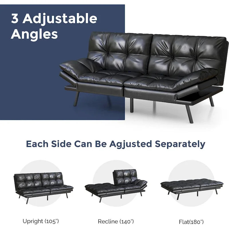 Convertible Futon Sofa Bed with Adjustable Armrests - Memory Foam Foldable Loveseat Sleeper for Small Spaces, 600 lbs Capacity