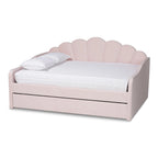 Queen Velvet Daybed with Twin Trundle, 86.6"W x 65.7"D, Scalloped Seashell Design, Light Pink, No Box Spring Needed