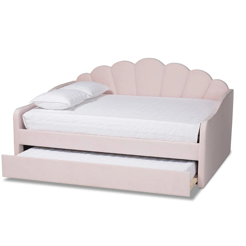 Queen Velvet Daybed with Twin Trundle, 86.6"W x 65.7"D, Scalloped Seashell Design, Light Pink, No Box Spring Needed