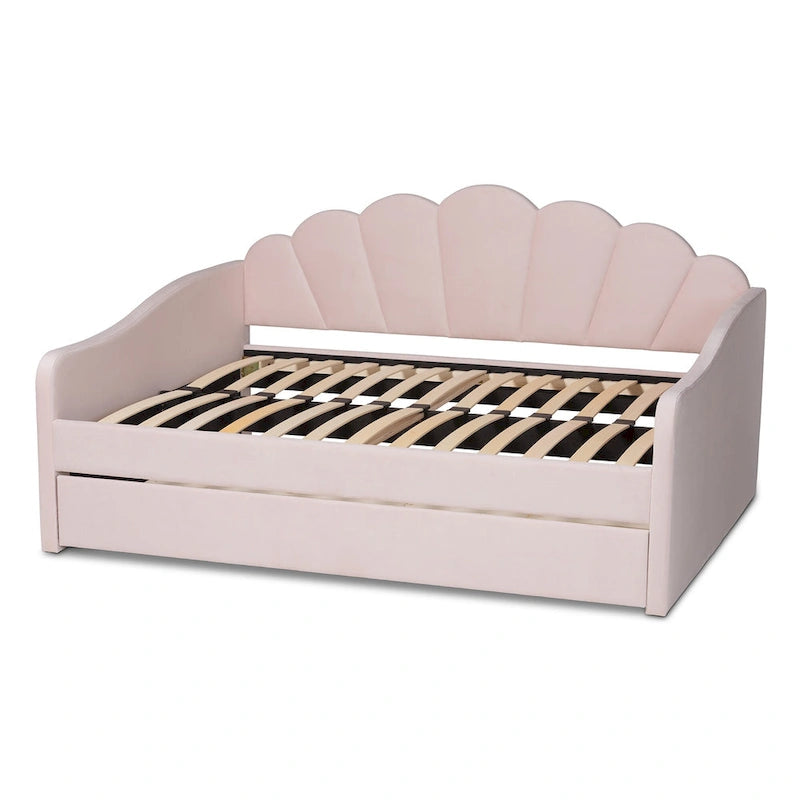 Queen Velvet Daybed with Twin Trundle, 86.6"W x 65.7"D, Scalloped Seashell Design, Light Pink, No Box Spring Needed
