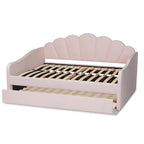Queen Velvet Daybed with Twin Trundle, 86.6"W x 65.7"D, Scalloped Seashell Design, Light Pink, No Box Spring Needed