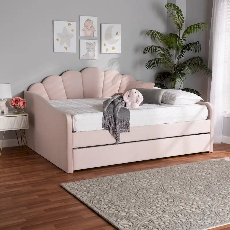 Queen Velvet Daybed with Twin Trundle, 86.6"W x 65.7"D, Scalloped Seashell Design, Light Pink, No Box Spring Needed
