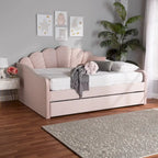 Queen Velvet Daybed with Twin Trundle, 86.6"W x 65.7"D, Scalloped Seashell Design, Light Pink, No Box Spring Needed