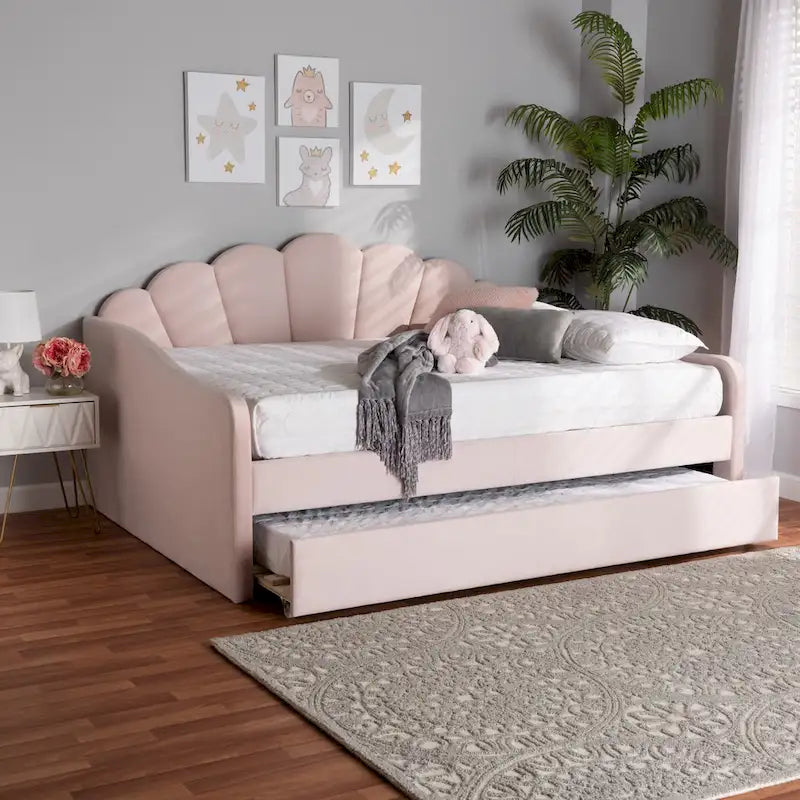 Queen Velvet Daybed with Twin Trundle, 86.6"W x 65.7"D, Scalloped Seashell Design, Light Pink, No Box Spring Needed