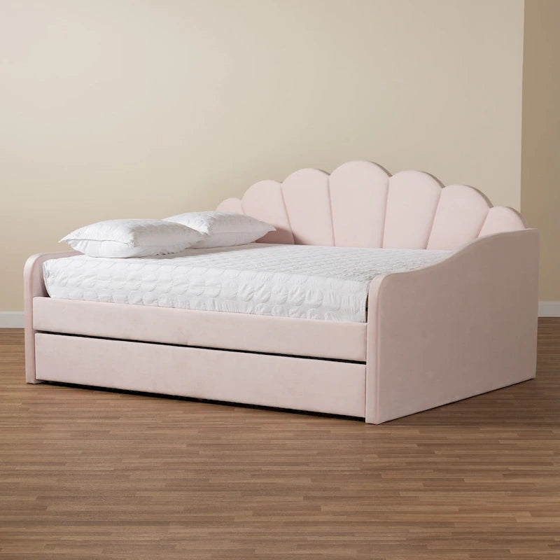 Queen Velvet Daybed with Twin Trundle, 86.6"W x 65.7"D, Scalloped Seashell Design, Light Pink, No Box Spring Needed
