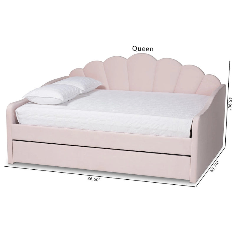 Queen Velvet Daybed with Twin Trundle, 86.6"W x 65.7"D, Scalloped Seashell Design, Light Pink, No Box Spring Needed