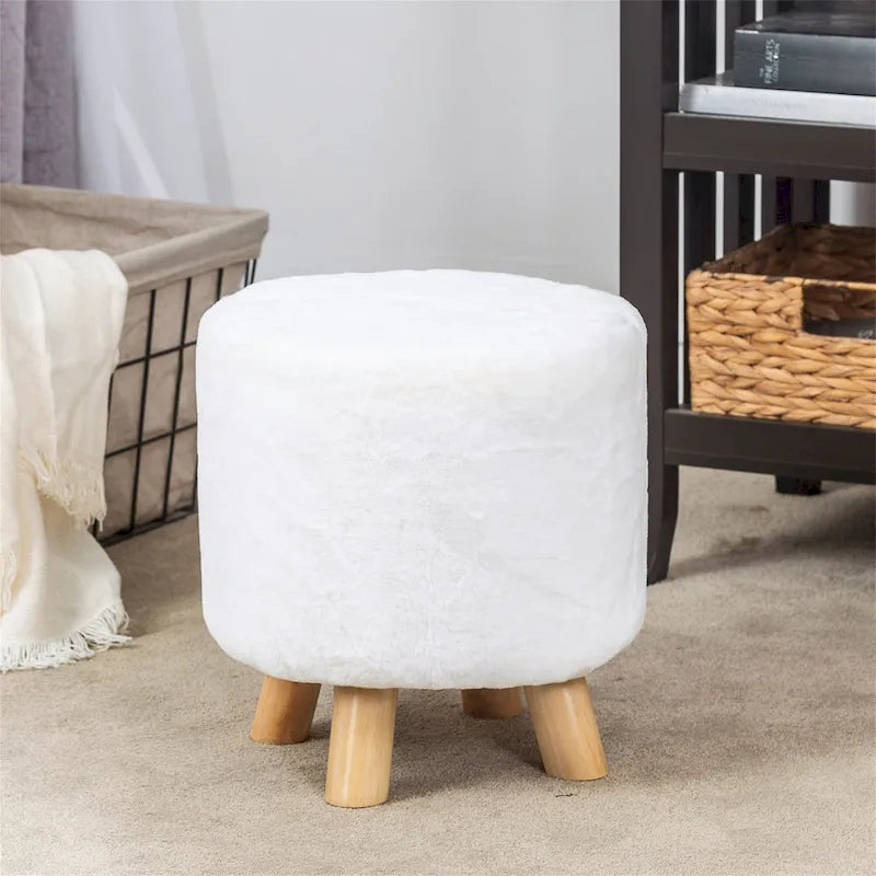 Round Ottoman Footrest Pouf, Upholstered Padded Seat, 250 LBS Capacity, Solid Wood Legs, Modern Accent Furniture