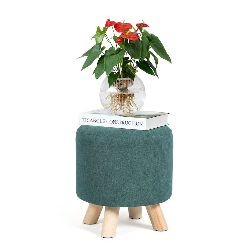 Round Ottoman Footrest Pouf, Upholstered Padded Seat, 250 LBS Capacity, Solid Wood Legs, Modern Accent Furniture