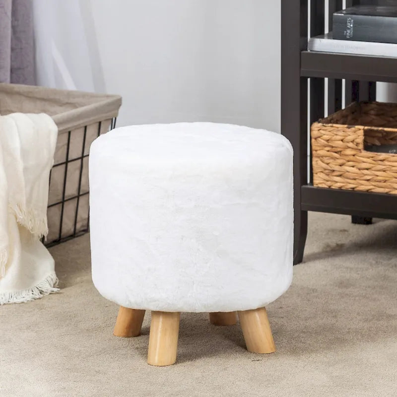 Round Ottoman Footrest Pouf, Upholstered Padded Seat, 250 LBS Capacity, Solid Wood Legs, Modern Accent Furniture