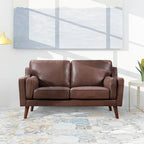 Mid-Century Modern Loveseat - 59" Brown Air Leather Upholstery, Wooden Frame, Track Arms, High-Rebound Cushions - 750lbs Capacity Contemporary Sofa