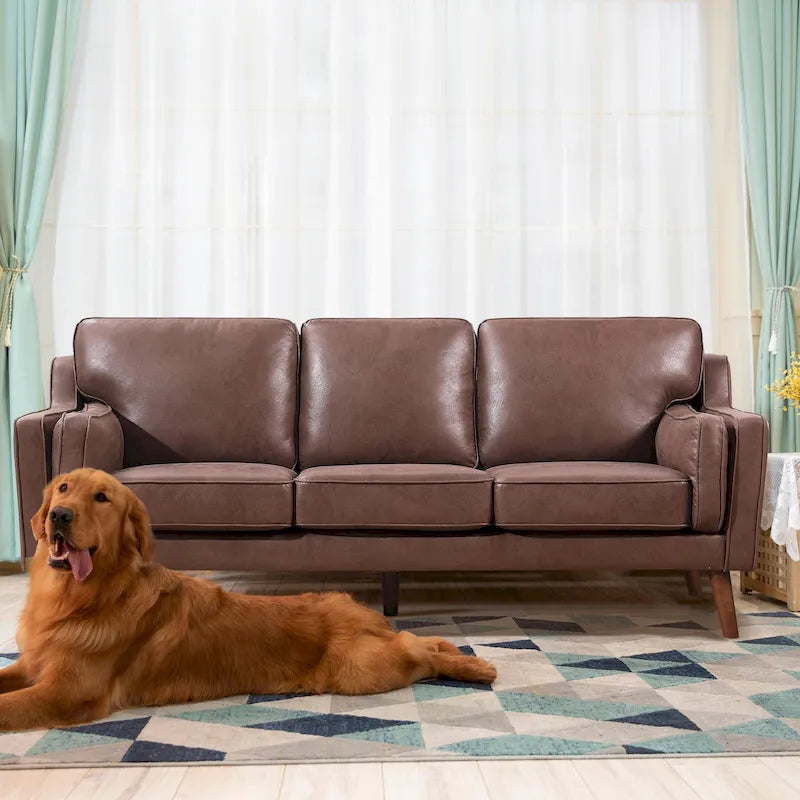 Mid-Century Modern Loveseat - 59" Brown Air Leather Upholstery, Wooden Frame, Track Arms, High-Rebound Cushions - 750lbs Capacity Contemporary Sofa