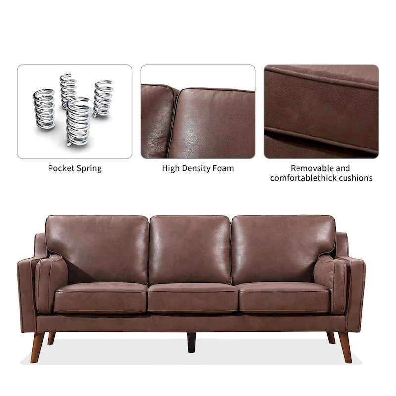 Mid-Century Modern Loveseat - 59" Brown Air Leather Upholstery, Wooden Frame, Track Arms, High-Rebound Cushions - 750lbs Capacity Contemporary Sofa