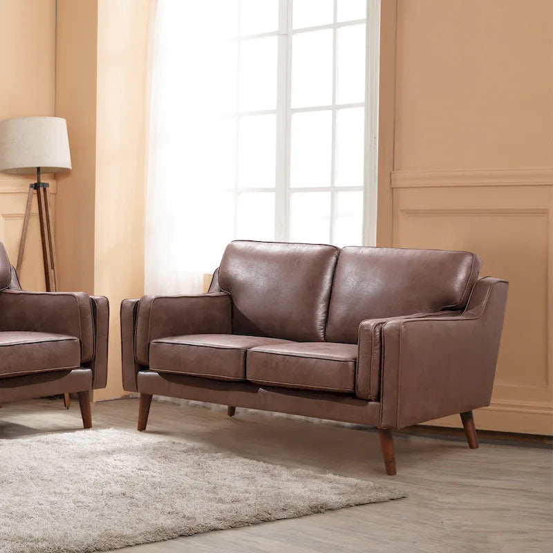 Mid-Century Modern Loveseat - 59" Brown Air Leather Upholstery, Wooden Frame, Track Arms, High-Rebound Cushions - 750lbs Capacity Contemporary Sofa