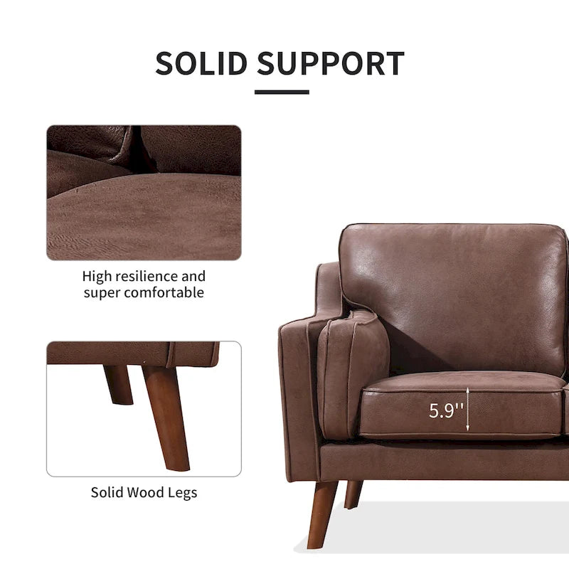 Mid-Century Modern Loveseat - 59" Brown Air Leather Upholstery, Wooden Frame, Track Arms, High-Rebound Cushions - 750lbs Capacity Contemporary Sofa