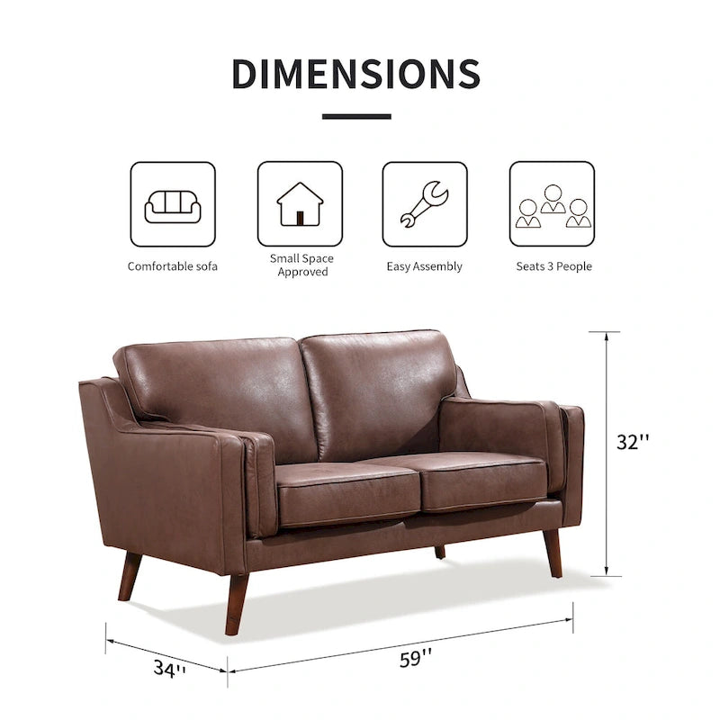 Mid-Century Modern Loveseat - 59" Brown Air Leather Upholstery, Wooden Frame, Track Arms, High-Rebound Cushions - 750lbs Capacity Contemporary Sofa
