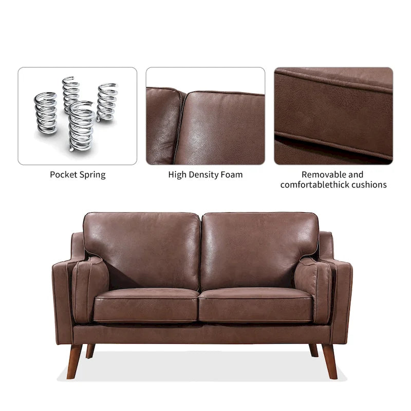 Mid-Century Modern Loveseat - 59" Brown Air Leather Upholstery, Wooden Frame, Track Arms, High-Rebound Cushions - 750lbs Capacity Contemporary Sofa