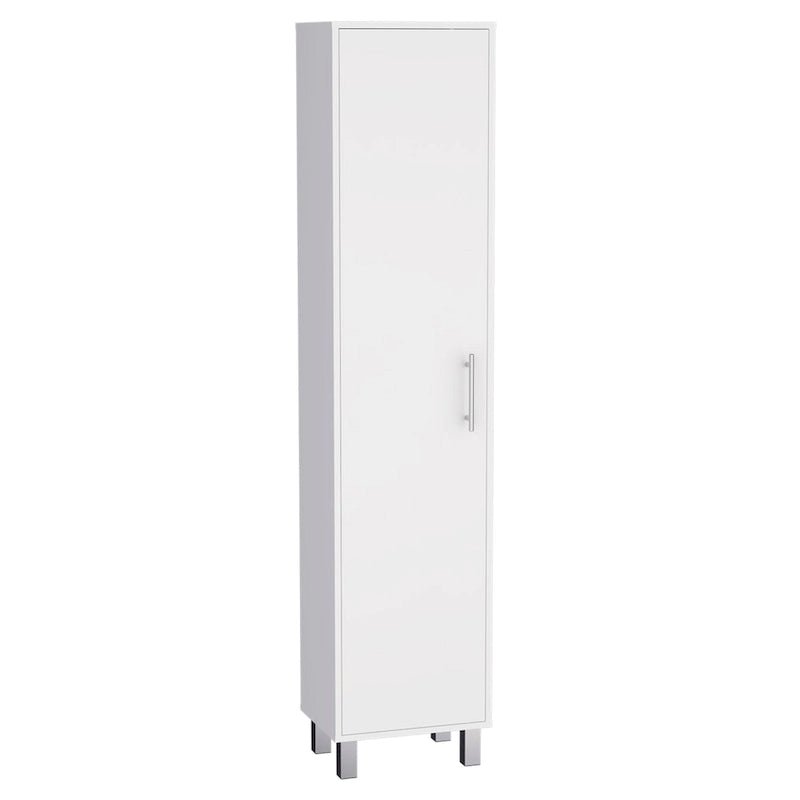 71" Tall Storage Cabinet with 5 Shelves - Broom Closet Organizer, White Wood Finish, Metal Handle & Legs, Slim 15.7" Wide
