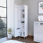 71" Tall Storage Cabinet with 5 Shelves - Broom Closet Organizer, White Wood Finish, Metal Handle & Legs, Slim 15.7" Wide