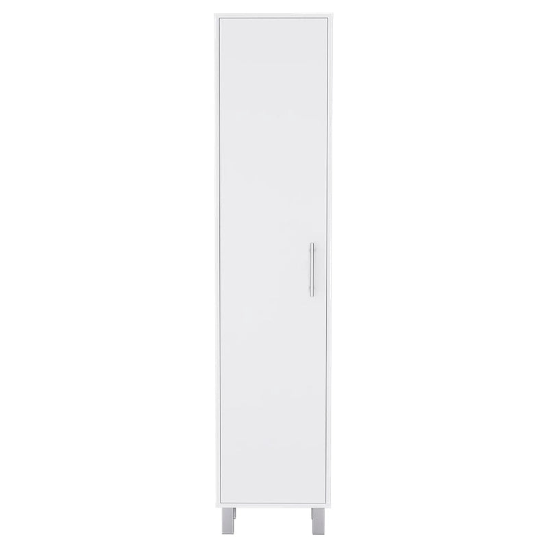 71" Tall Storage Cabinet with 5 Shelves - Broom Closet Organizer, White Wood Finish, Metal Handle & Legs, Slim 15.7" Wide