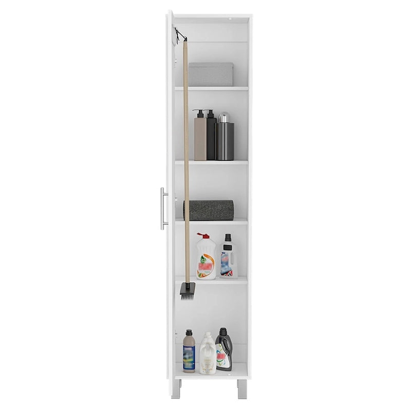 71" Tall Storage Cabinet with 5 Shelves - Broom Closet Organizer, White Wood Finish, Metal Handle & Legs, Slim 15.7" Wide