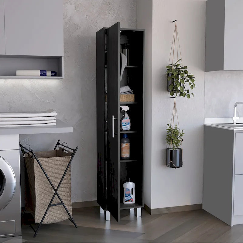 71" Tall Storage Cabinet with 5 Shelves - Broom Closet Organizer, White Wood Finish, Metal Handle & Legs, Slim 15.7" Wide