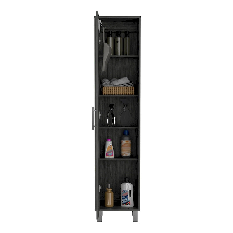 71" Tall Storage Cabinet with 5 Shelves - Broom Closet Organizer, White Wood Finish, Metal Handle & Legs, Slim 15.7" Wide