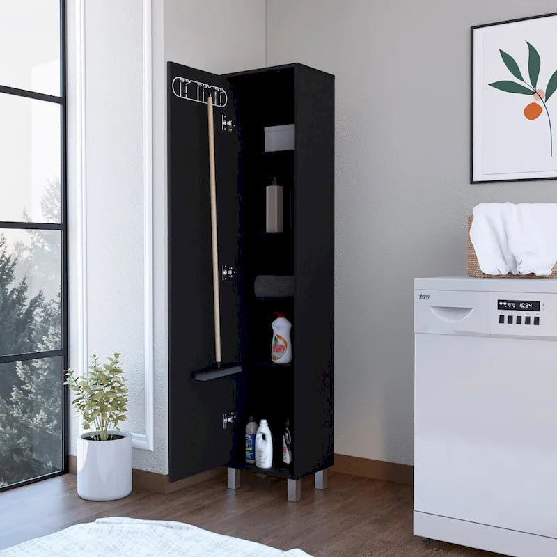 71" Tall Storage Cabinet with 5 Shelves - Broom Closet Organizer, White Wood Finish, Metal Handle & Legs, Slim 15.7" Wide
