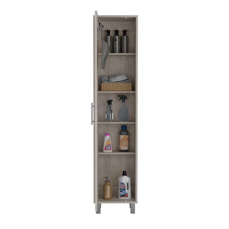 71" Tall Storage Cabinet with 5 Shelves - Broom Closet Organizer, White Wood Finish, Metal Handle & Legs, Slim 15.7" Wide