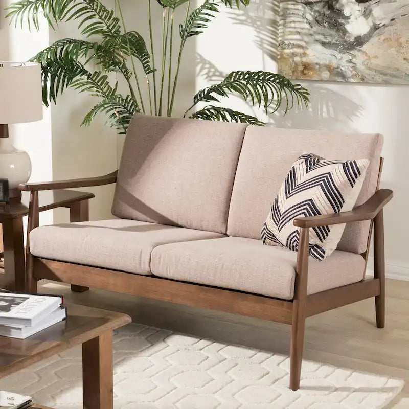 Mid-Century Modern 2-Seater Loveseat - 50" Wide Rubberwood Frame, Removable Cushions, Splayed Legs, Dark Walnut Finish - Faux Leather or Fabric