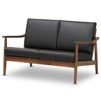 Mid-Century Modern 2-Seater Loveseat - 50" Wide Rubberwood Frame, Removable Cushions, Splayed Legs, Dark Walnut Finish - Faux Leather or Fabric