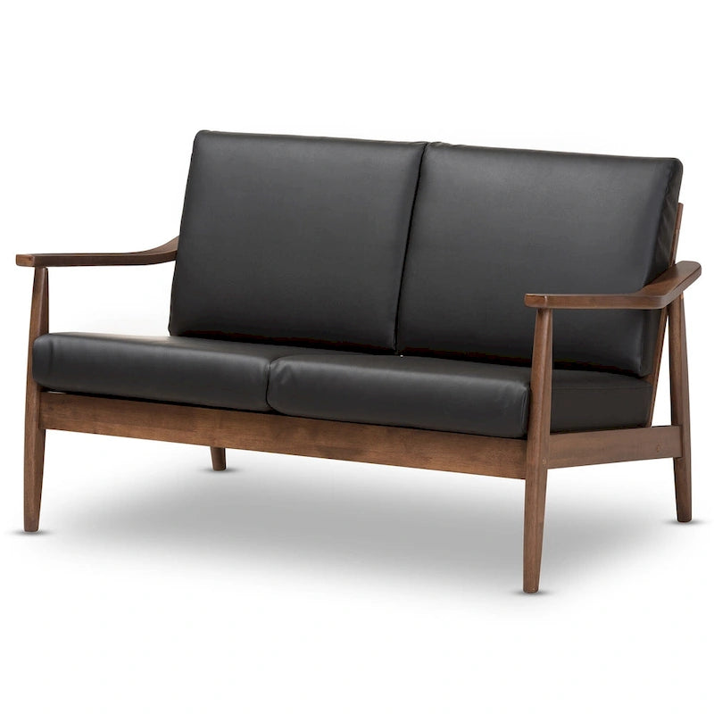 Mid-Century Modern 2-Seater Loveseat - 50" Wide Rubberwood Frame, Removable Cushions, Splayed Legs, Dark Walnut Finish - Faux Leather or Fabric