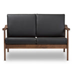Mid-Century Modern 2-Seater Loveseat - 50" Wide Rubberwood Frame, Removable Cushions, Splayed Legs, Dark Walnut Finish - Faux Leather or Fabric