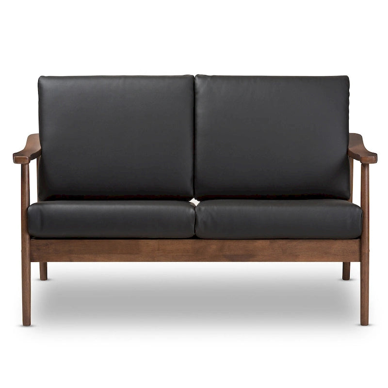 Mid-Century Modern 2-Seater Loveseat - 50" Wide Rubberwood Frame, Removable Cushions, Splayed Legs, Dark Walnut Finish - Faux Leather or Fabric