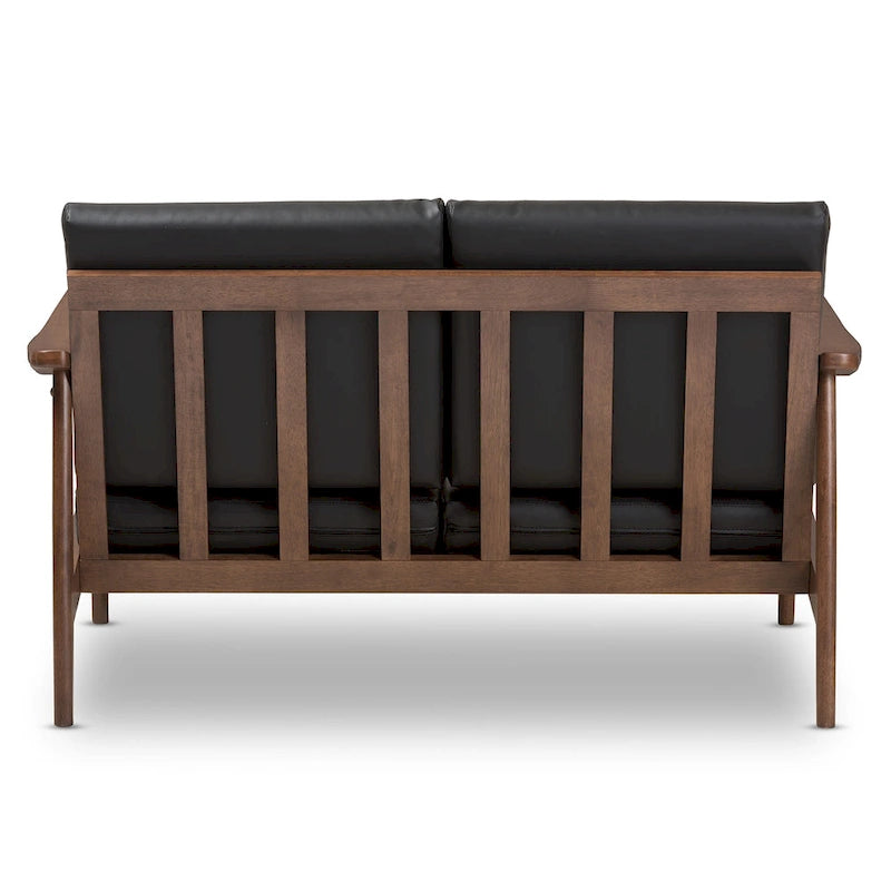 Mid-Century Modern 2-Seater Loveseat - 50" Wide Rubberwood Frame, Removable Cushions, Splayed Legs, Dark Walnut Finish - Faux Leather or Fabric