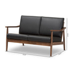 Mid-Century Modern 2-Seater Loveseat - 50" Wide Rubberwood Frame, Removable Cushions, Splayed Legs, Dark Walnut Finish - Faux Leather or Fabric