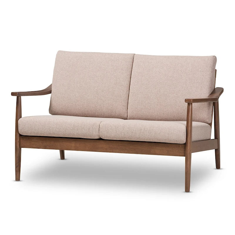 Mid-Century Modern 2-Seater Loveseat - 50" Wide Rubberwood Frame, Removable Cushions, Splayed Legs, Dark Walnut Finish - Faux Leather or Fabric
