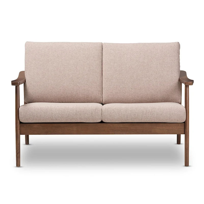Mid-Century Modern 2-Seater Loveseat - 50" Wide Rubberwood Frame, Removable Cushions, Splayed Legs, Dark Walnut Finish - Faux Leather or Fabric