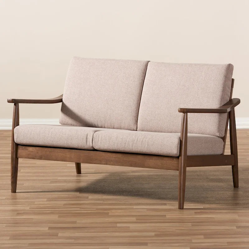 Mid-Century Modern 2-Seater Loveseat - 50" Wide Rubberwood Frame, Removable Cushions, Splayed Legs, Dark Walnut Finish - Faux Leather or Fabric