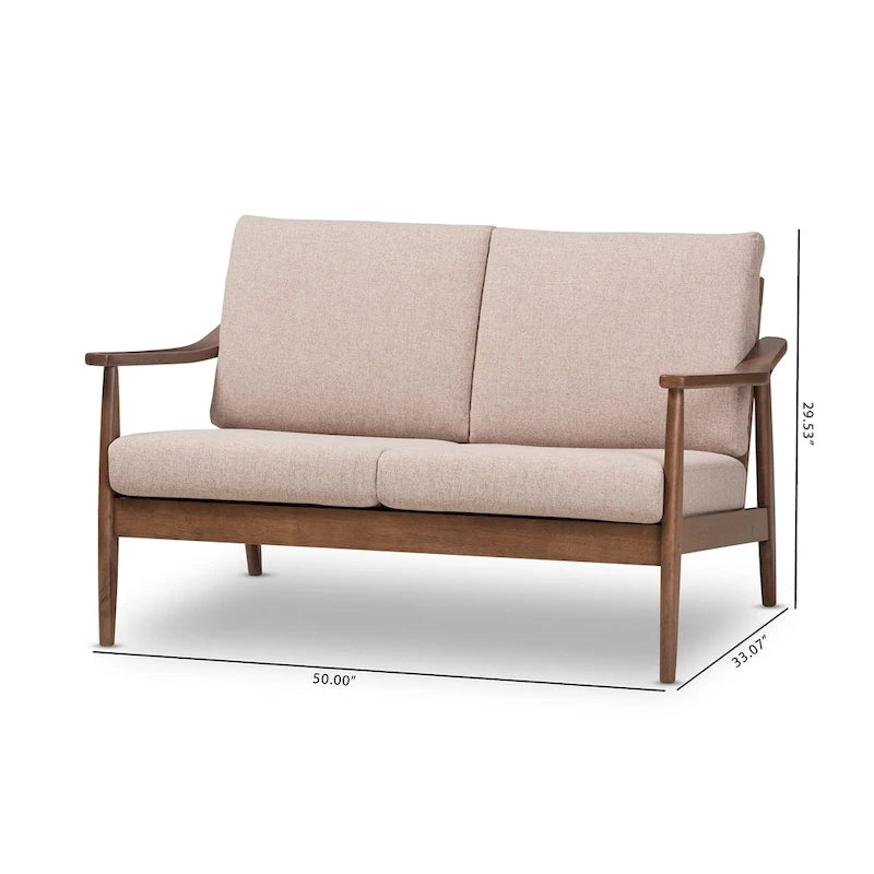 Mid-Century Modern 2-Seater Loveseat - 50" Wide Rubberwood Frame, Removable Cushions, Splayed Legs, Dark Walnut Finish - Faux Leather or Fabric